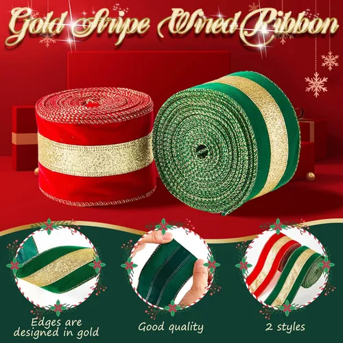 Vista 3 de 2 rollos de cinta de Navidad con borde dorado con cable, rojo y verde
