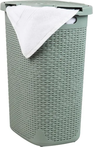 Vista 15 de Mind Reader Cesta de lavandería delgada con tapa, cesta de ropa de 60 L, diseño de mimbre premium, plástico, azul bebé