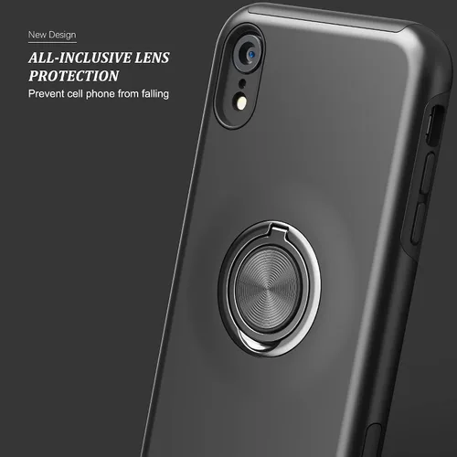 Vista 6 de Funda compatible con iPhone XR con protector de pantalla de vidrio templado para hombres, funda protectora ligera 2 en 1 con soporte de anillo