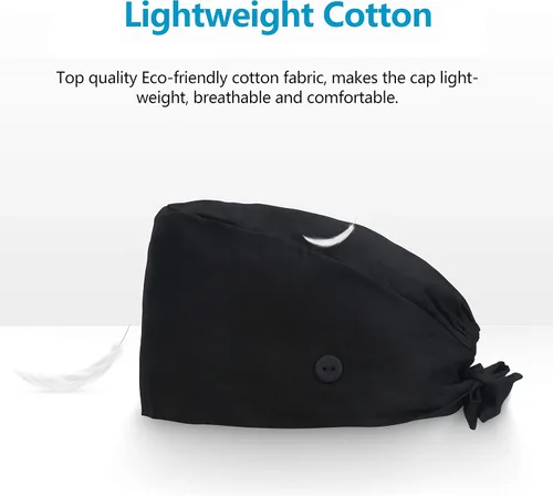 Vista 4 de QBA - Gorro de trabajo ajustable con botón, banda de algodón absorbente de sudor, con tiras elásticas para amarrar por atrás, unisex, talla única
