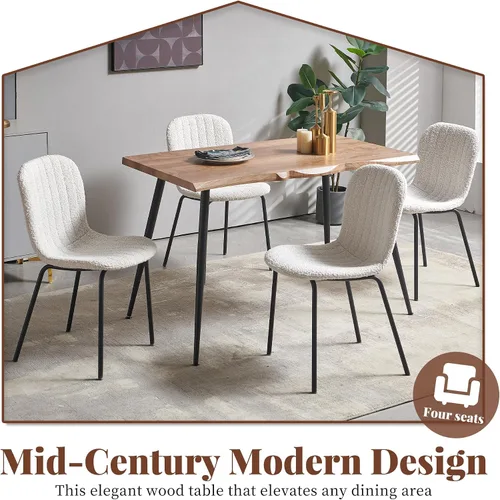 Vista 5 de Juego de 4 mesas de comedor para 4 personas con sillas blancas Boucle, mesa de centro rectangular moderna de mediados de siglo, mesa de cocina