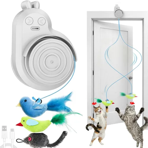 Vista 8 de Juguetes interactivos para gatos de interior: varita eléctrica automática de plumas y ratón de pájaro volador, recargable eléctrica colgante, juego