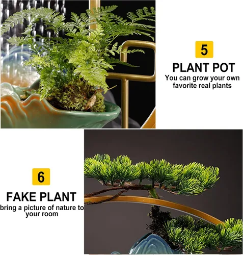 Vista 6 de Fuente interior de mesa con grúa, fuente de cascada, quemador de incienso, decoración de Feng Shui para buena suerte, fuente de cerámica con luz
