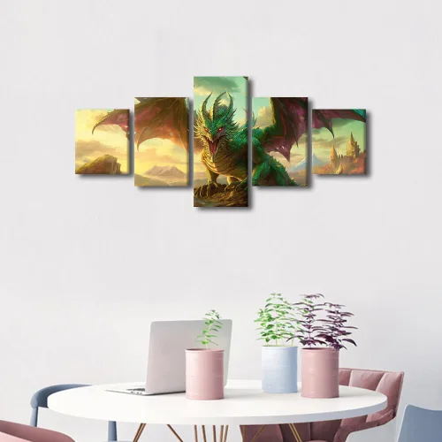 Vista 2 de Lienzo decorativo para pared de sala de estar, lienzo de dragón, 5 paneles, dragón verde, decoración de pared para el hogar, decoración de pared