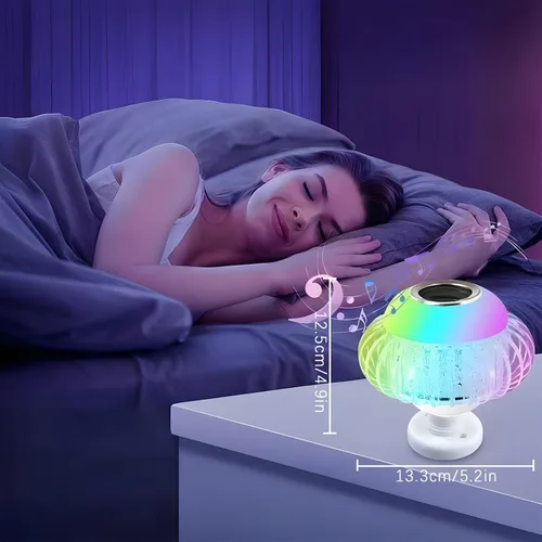 Vista 2 de Bombilla de música RGB Bluetooth, con altavoz Bluetooth integrado, base E27, bombilla inteligente inalámbrica, control remoto, blanco, colores RGB
