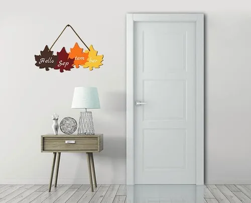Vista 5 de KPSheng Letrero colgante de madera con texto en inglés «Hello September» para colgar en la puerta, diseño rústico de hoja de arce para decoración