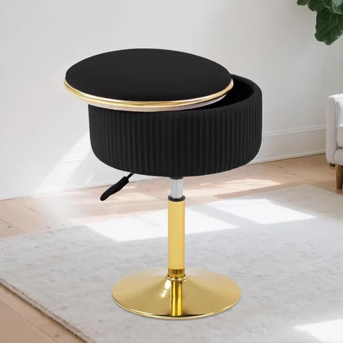 Vista 8 de Taburete de tocador ajustable con almacenamiento, silla taburete de maquillaje giratorio de 360°, otomana redonda pequeña de terciopelo con base