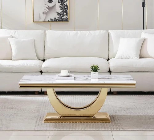 Vista 3 de SSLine Mesa de Centro Rectangular de Mármol Sintético para Sala de Estar, Mesa Central Moderna de Mármol Blanco de Lujo con Base Doble en Forma de U