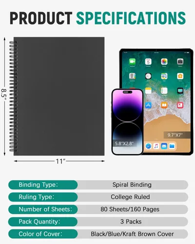 Vista 2 de Dynta Cuadernos grandes de espiral 8.5 "x 11", rayados, 3 piezas, cuaderno universitario para la escuela, oficina, estudio y notas, bueno