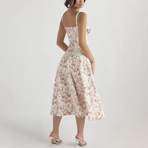 Vista 4 de Vestido de corsé floral para mujer, estilo bohemio, de verano, tirantes delgados, cuello cuadrado, casual, por debajo de la rodilla, con abertura