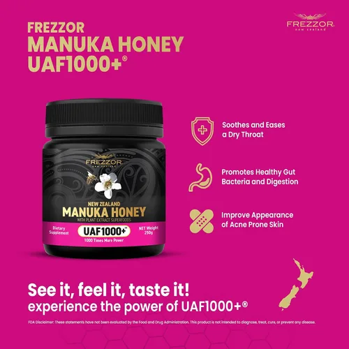 Vista 5 de FREZZOR Miel de Manuka cruda prémium de Nueva Zelanda con UAF1000+ Perfect Daily Wellness Ritual, Superfood, 4 frascos (8.8 oz/250 g por frasco)