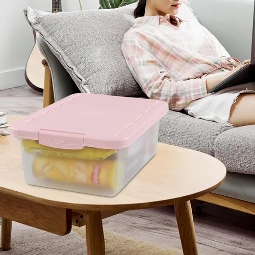 Vista 6 de Caja de almacenamiento de plástico con pestillo de 14 cuartos, contenedor de almacenamiento de plástico debajo de la cama con tapas rosas, 2 paquetes