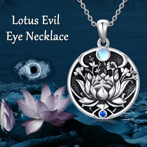 Vista 6 de PROESS Lotus Evil Eye Necklace Sterling Silver Lotus Necklace Evil Eye Pendant Necklace Spiritual Protection Jewelry Gifts for Women Men for