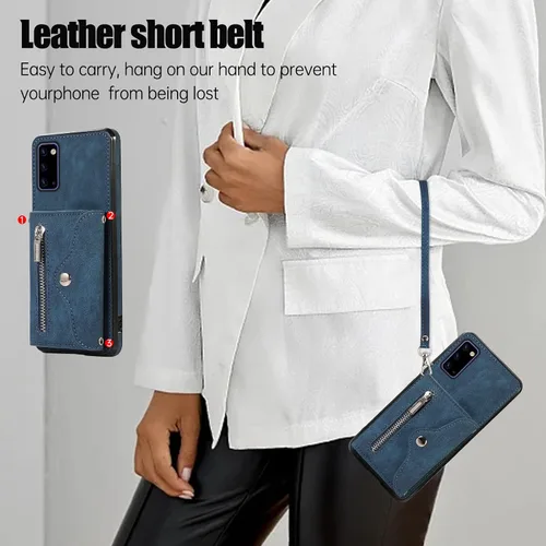 Vista 6 de Funda de teléfono para Samsung Galaxy Note 20 5G con protector de pantalla de vidrio templado, correa cruzada para muñeca, soporte para tarjeta