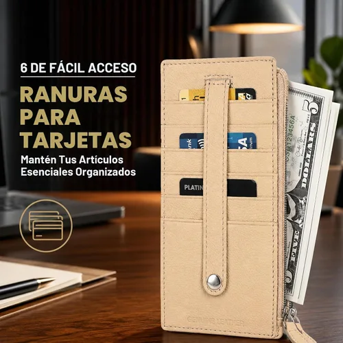 Vista 7 de Leatherboss - Funda para tarjetas todo en uno, cartera delgada con correa de protección para tarjetas, Beige, Cartera con tarjetero
