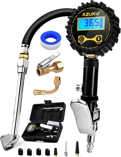 Vista 10 de AZUNO Inflador de neumáticos digital con manómetro, 200 PSI, accesorios de compresor de aire resistentes, con manguera de goma, bloqueo
