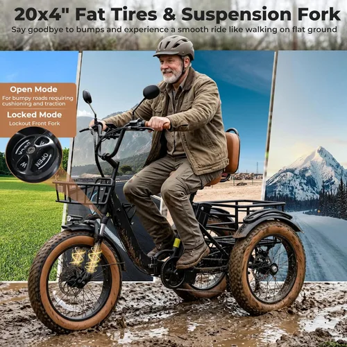 Vista 5 de Electric Tricycle for Adults 750W(Peak 1350W) 48V15.6Ah Etrike 20"x4" Fat Tire Electric Trike 3-Wheel Aluminum Alloy Folding Electric Tricycle Max