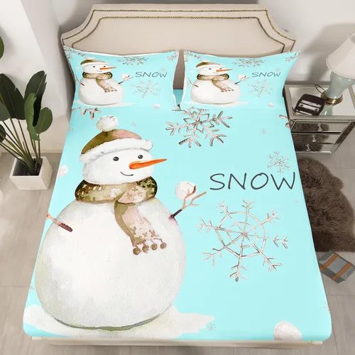 Vista 2 de Erosebridal Kawaii - Juego de sábanas de muñeco de nieve para niños, sábanas individuales con temática de festival, patrón de copo de nieve de Azul
