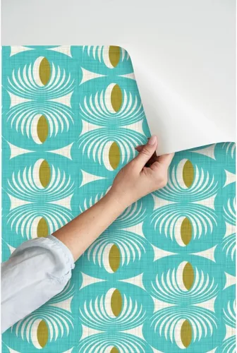 Vista 3 de Spoonflower Papel tapiz autoadhesivo para despegar y pegar, diseño geométrico moderno de mediados de siglo, color verde aguamarina, papel tapiz