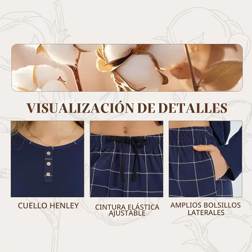 Vista 6 de U2SKIIN Pijama 100% algodón para mujer, conjunto de 2 piezas, suave, de Cuadros rosa claro/rosa claro