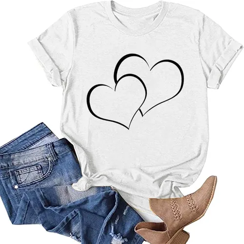 Vista 3 de Camiseta de manga corta con estampado de corazón para mujer, diseño de corazón y cuello redondo, camiseta de moda 2024