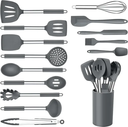 Vista 13 de Onader Juego de 10 utensilios de cocina de silicona, con soporte y mango de acero inoxidable resistente al calor para utensilios de cocina Negro
