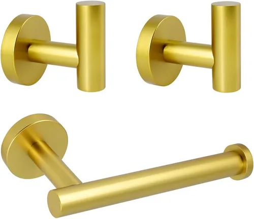 Vista 10 de Juego de accesorios de baño de 3 piezas, color negro y dorado, para montar en la pared, incluye soporte para papel higiénico, 2 ganchos para toallas