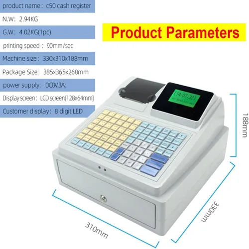 Vista 6 de Sistema de caja registradora electrónica, caja registradora electrónica LED de 81 llaves, con teclado plano, cajón de efectivo e impresora térmica