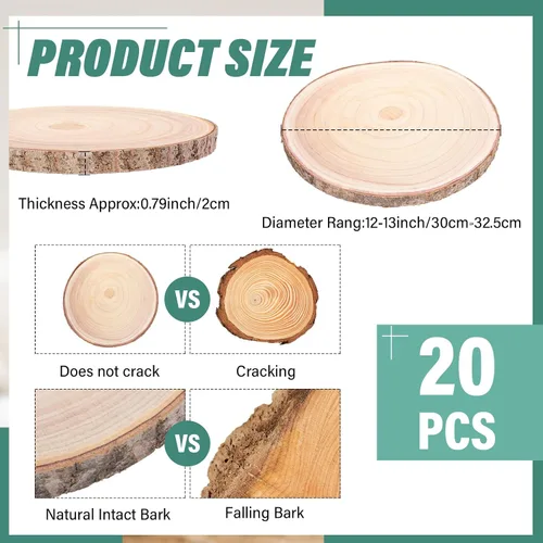Vista 2 de 20 piezas redondas de madera para centros de mesa, corteza de árbol rústico sin terminar, rebanadas de madera natural para bodas, regalos