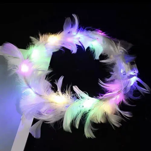Vista 5 de Diadema con corona de plumas LED, diadema con halo de ángel, para niñas, mujeres, conciertos, fiestas, Halloween, Navidad