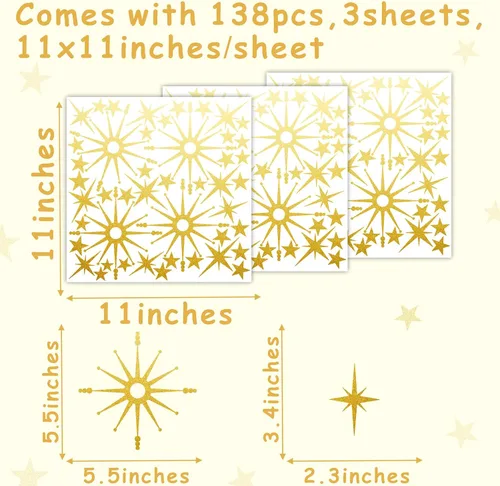 Vista 4 de Calcomanías de pared con estrella dorada, diseño retro de explosión de estrellas, calcomanías para dormitorio, sala de estar, decoración de techo