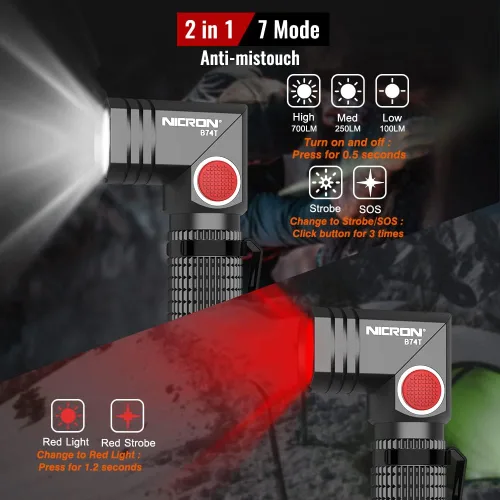 Vista 2 de NICRON B74T Linterna de luz roja, luz LED blanca recargable de 700 lúmenes con base magnética, clip, IP65 impermeable para camping, caminata Gris