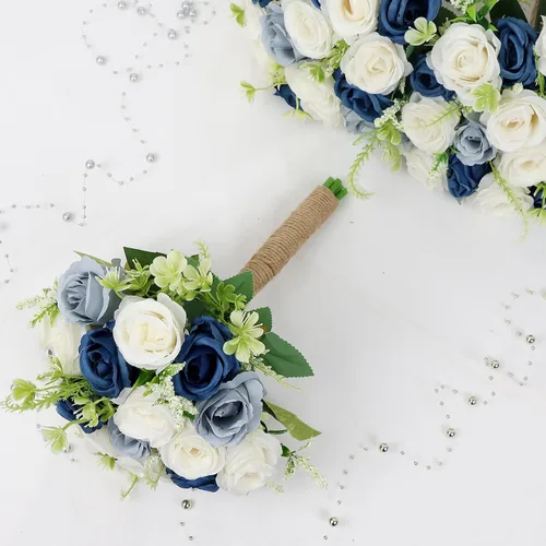 Vista 4 de Ramos para dama de honor para boda - Ramo de flores artificiales de 7 pulgadas para fiesta, ceremonia, aniversario, centros de mesa para mesa de Azul