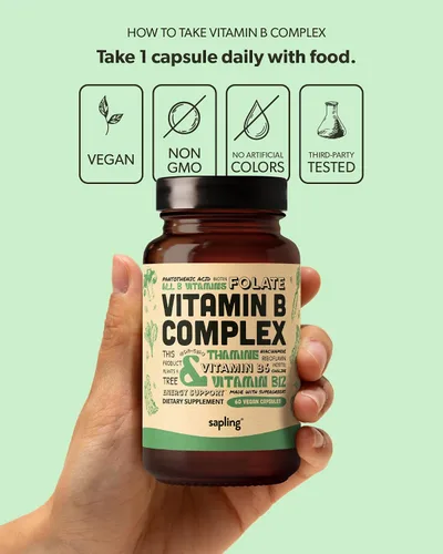 Vista 5 de sapling Complejo vegano de vitamina B, mezcla de alimentos integrales con vitaminas B esenciales B1, B2, B3, B5, B6, B7, folato, B12-60 cápsulas