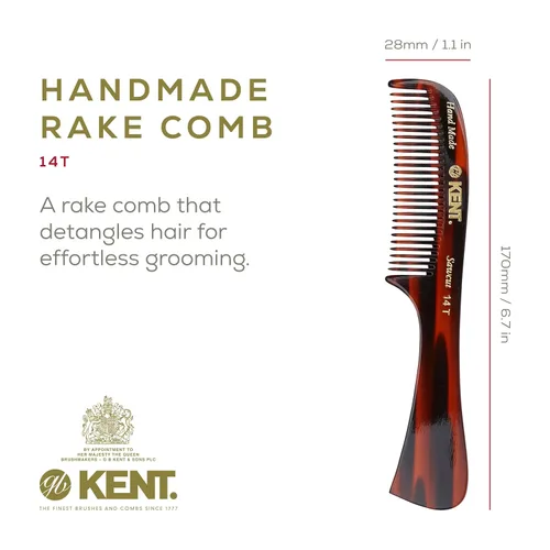 Vista 2 de Kent Peine desenredante grande de tortuga 14T, dientes anchos para cabello largo y grueso, rizado y ondulado, peine desenredante para cabello húmedo
