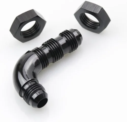 Vista 9 de 90 grados -4 AN a -4AN de una pieza de flujo completo macho Flare Bulkhead Unión de combustible con tuerca de mamparo AN4 Aluminio Negro