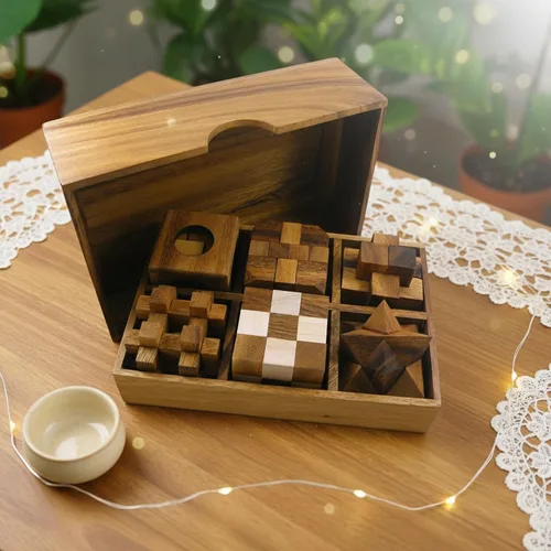Vista 4 de Juego de regalo de 6 rompecabezas de madera en una caja de madera - Rompecabezas de IQ únicos 3D
