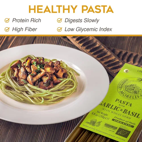 Vista 4 de Morelli Pasta italiana orgánica de ajo y albahaca Linguine - Pasta gourmet hecha a mano en pequeños lotes, sémola de trigo duro, Al Dente, pasta