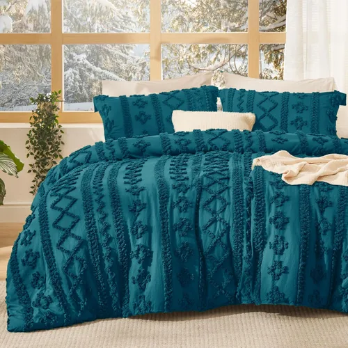 Vista 25 de Bedsure Juego de edredón bohemio copetudo, tamaño individual, juego de cama bohemio azul pizarra, GentleSoft™ 2 piezas de ropa de cama bordada