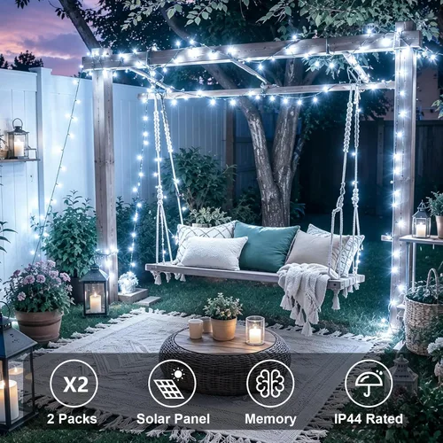 Vista 2 de QITONG Paquete de 2 tiras de luces solares blancas, 100 luces LED solares para exteriores de 33 pies, impermeables, 8 modos, alambre verde, luz