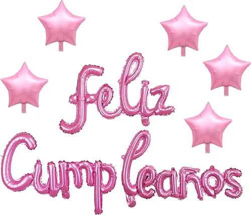 Vista 7 de Cartel de globos de Feliz Cumpleanos con 5 globos de estrella temática de fiesta