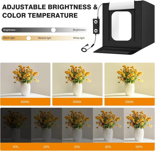 Vista 3 de Caja de luz para fotografía de 20"x20" con 160 luces LED y 6 fondos de color, caja de fotos con luces, caja de luz plegable con brillo ajustable