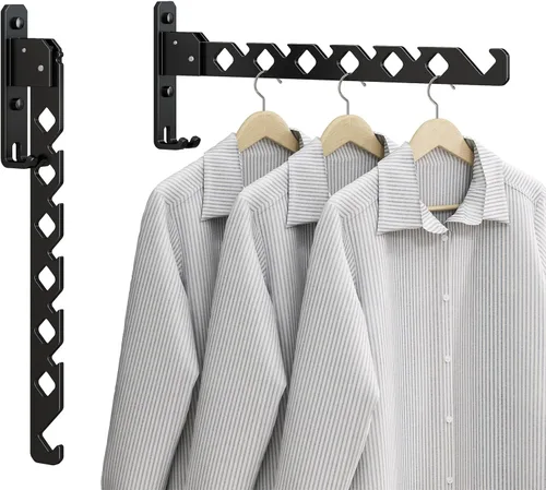 Vista 14 de Tendedero de Pared para Secar Ropa, Colgador de Ropa de Pared Plegable, Gancho Colgador de Lavandería para Baño, Perchero de Pared Interior Negro