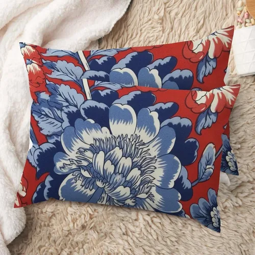 Vista 69 de Juego de 2 almohadas coloridas de estilo chinoiserie, color rosa intenso, azul real, peonía, floral, blanco, lino, estilo chinoiserie, para sofá