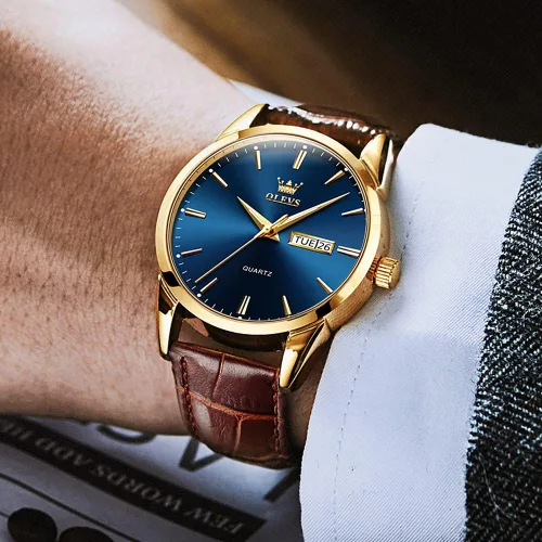 Vista 3 de OLEVS Reloj para hombres cronógrafo marrón cuero oro caso analógico cuarzo moda negocios vestido grande hombres reloj día fecha luminoso impermeable