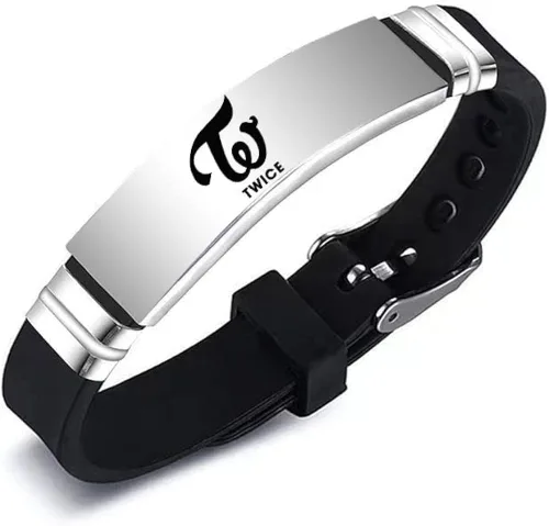 Vista 6 de SHOISOWO Paquete de 2 pulseras Kpop TWICE Merch, pulseras de silicona con dije doble para regalos, Sin gemas.