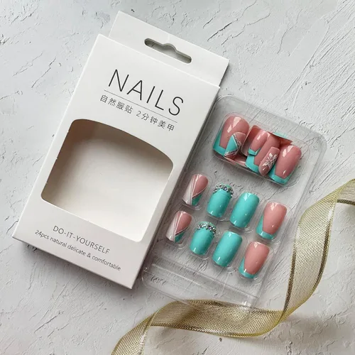 Vista 3 de Uñas postizas cuadradas medianas con punta francesa, uñas con pegamento, uñas postizas azul-verde con diseños de mariposas, uñas acrílicas