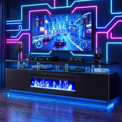 Vista 11 de oneinmil Soporte de TV con chimenea blanca de 70 pulgadas para sala de estar, centro de entretenimiento con chimenea eléctrica con luces LED dobles