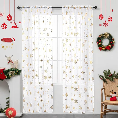 Vista 18 de Cortinas traslúcidas de Navidad para sala de estar, cortinas transparentes con estampado de copos de nieve de lujo, cortinas con bolsillo