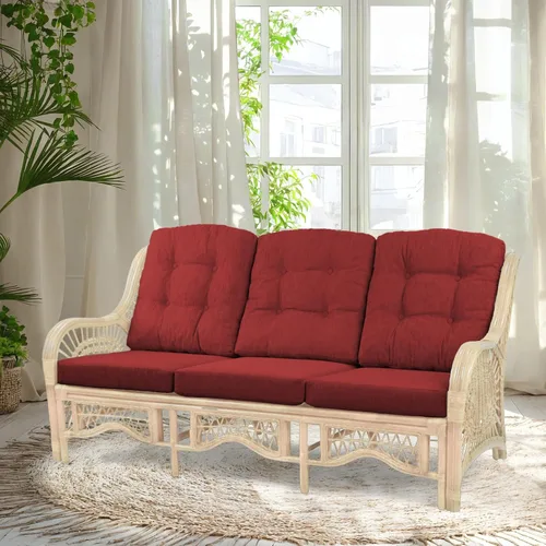 Vista 24 de Malibu Lounge Sofá de tres plazas de mimbre de ratán natural, diseño hecho a mano (cojines marrón claro, colonial)